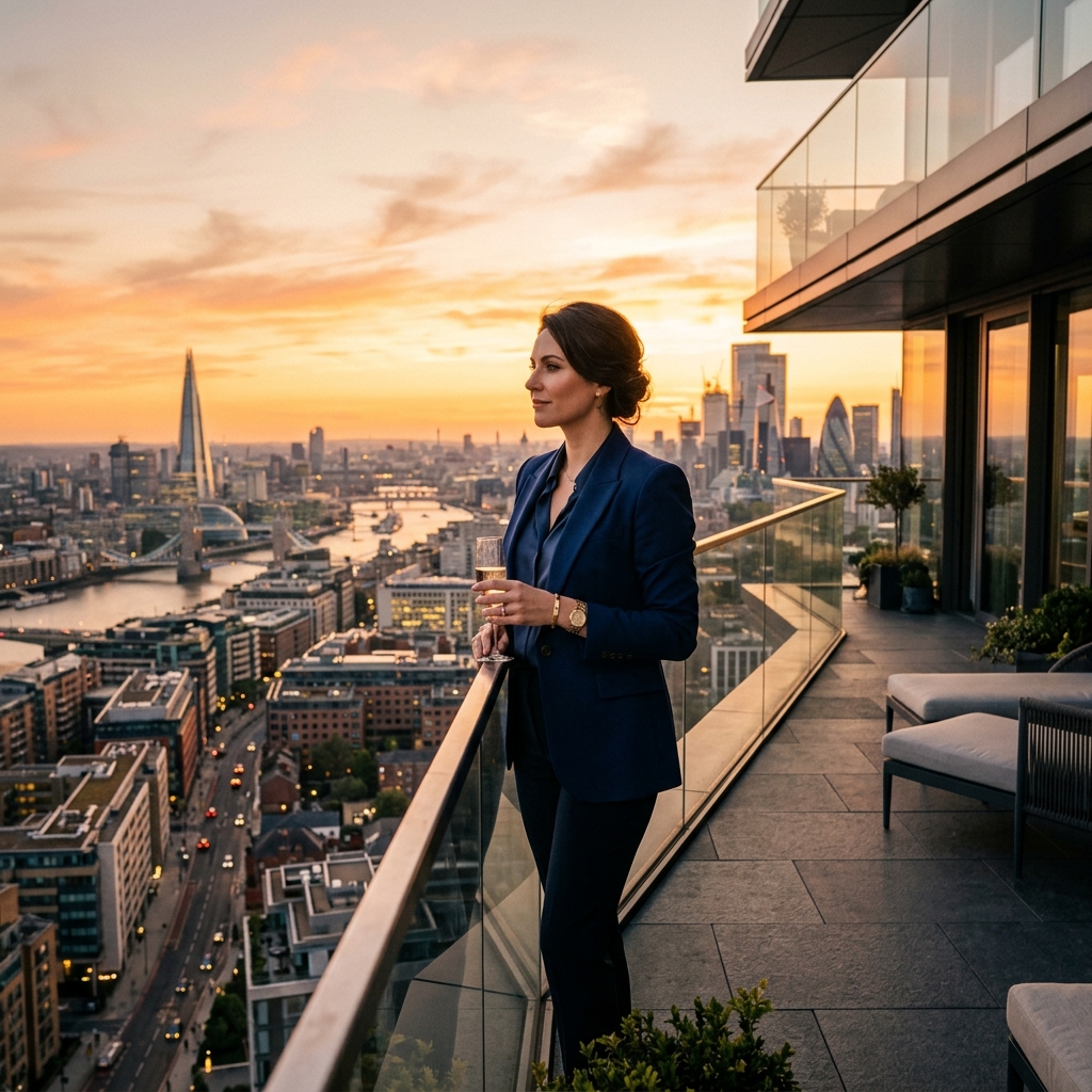 Confident person looking over city skyline at sunset